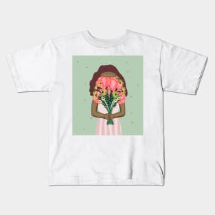 Cute girl holding a floral bouquet in a pink dress | pink and green Kids T-Shirt